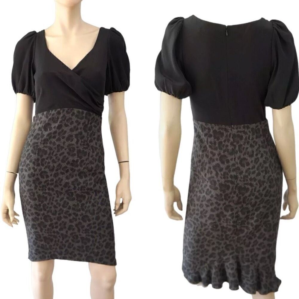 Rebecca Taylor Animal Print Wool Black Silk Sheath Dress